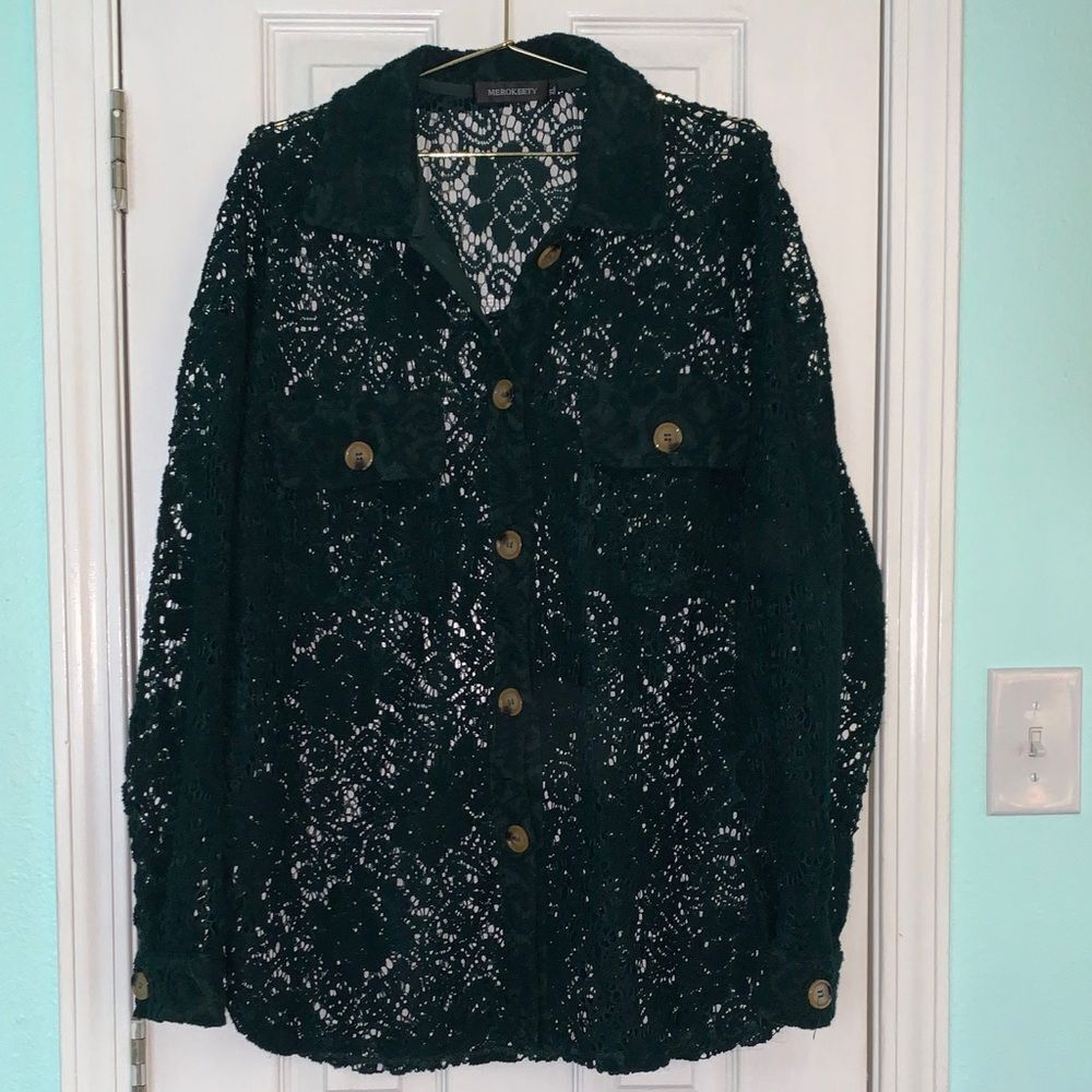 Merokeety Dark Green Lace Button Down Shirt Size XL